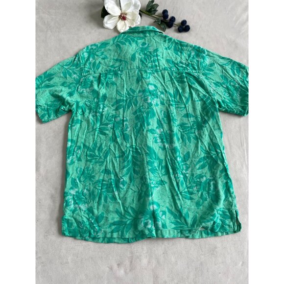 Caribbean Joe Mens XL Teal Hawaiian Floral Wood Buttons Shirt Washable Silk - Picture 2 of 8